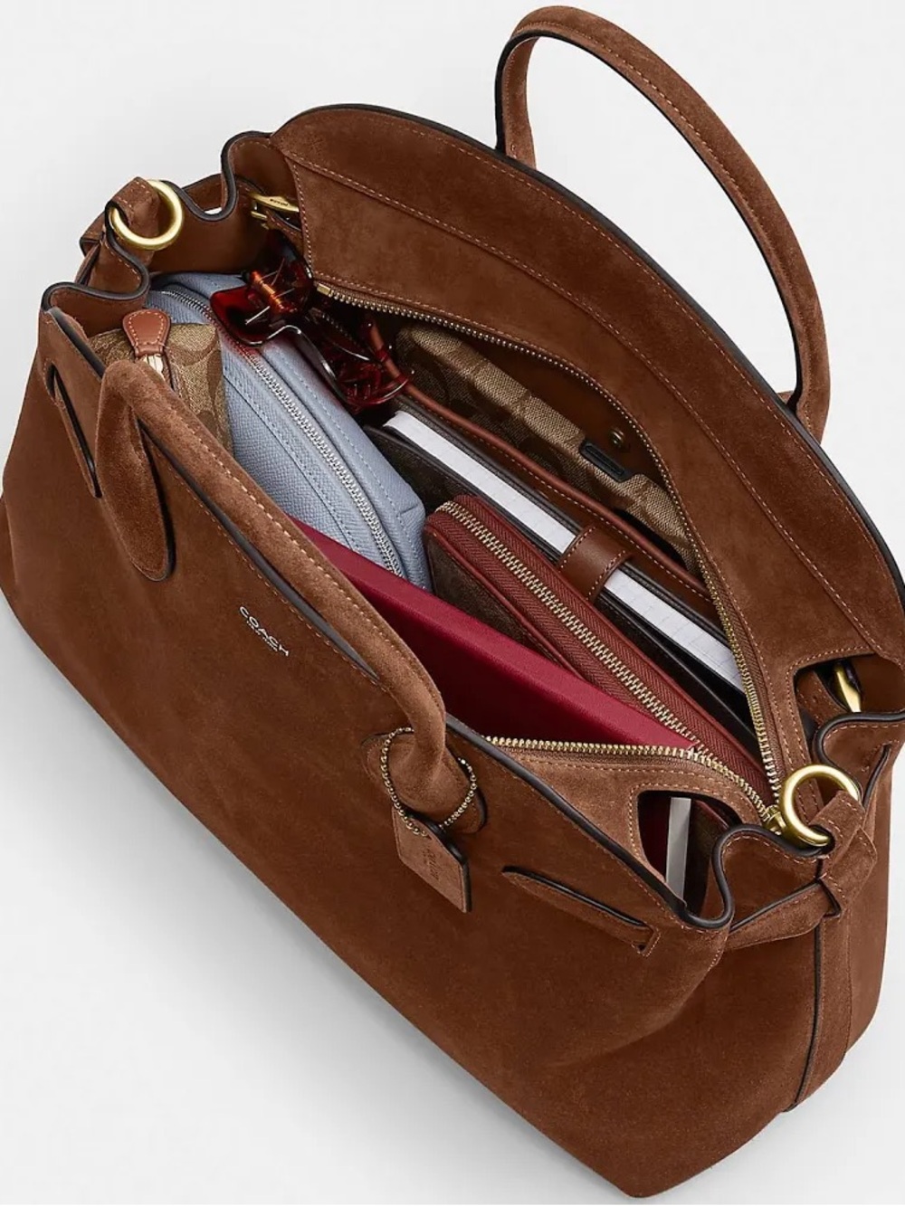 Coach Soft Empire Carryall Bag 40 in Brown Suede Satchel with Pearl Accent Strap - Picture 14 of 15
